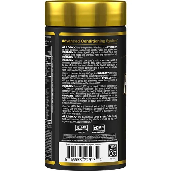 Allmax HydraDry pre-competition water loss system left view for razor-sharp muscle definition.