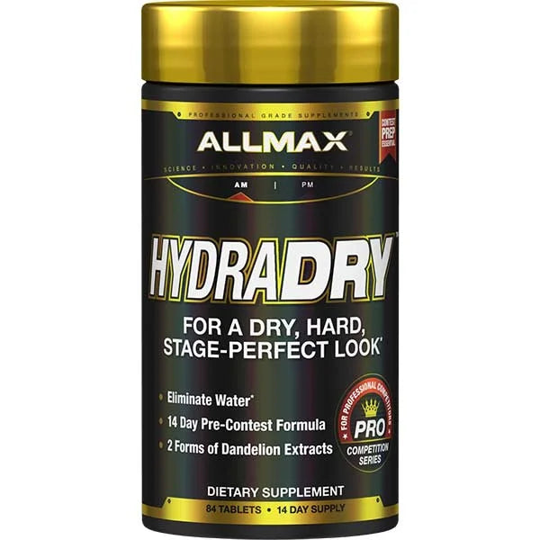 ALLMAX HydraDry pre-contest water loss system with 84 tablets for a dry, stage-ready physique.