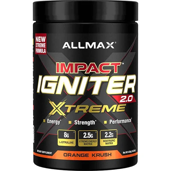 ALLMAX Impact Igniter 2.0 Xtreme Orange Krush pre-workout for enhanced energy and performance.