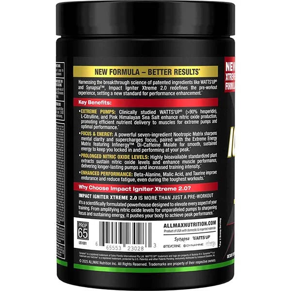 Allmax Impact Igniter Xtreme 2.0 Sour Gummy left view provides extreme pumps for peak performance.