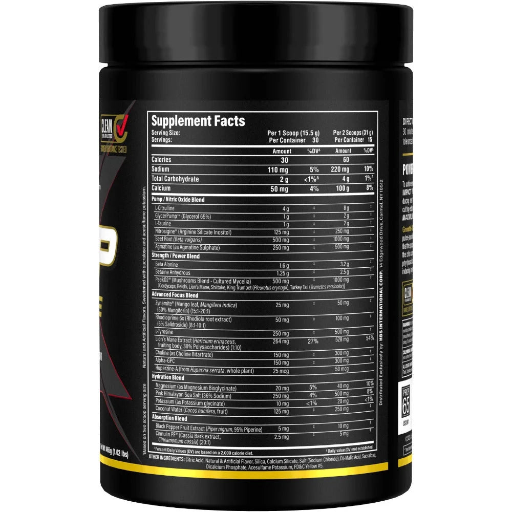ALLMAX Impact Pump pre-workout 465g right side view showing detailed supplement facts for increased muscle pumps.