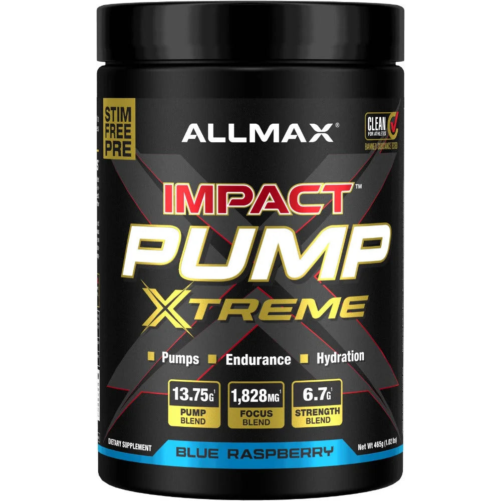 Allmax Impact Pump Xtreme stimulant-free pre-workout in blue raspberry flavour for enhanced muscle pumps.