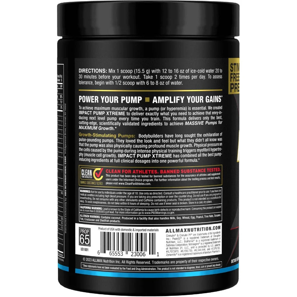 Allmax Impact Pump Xtreme Blue Raspberry 1.02 lb tub left side view showing banned substance testing seal.