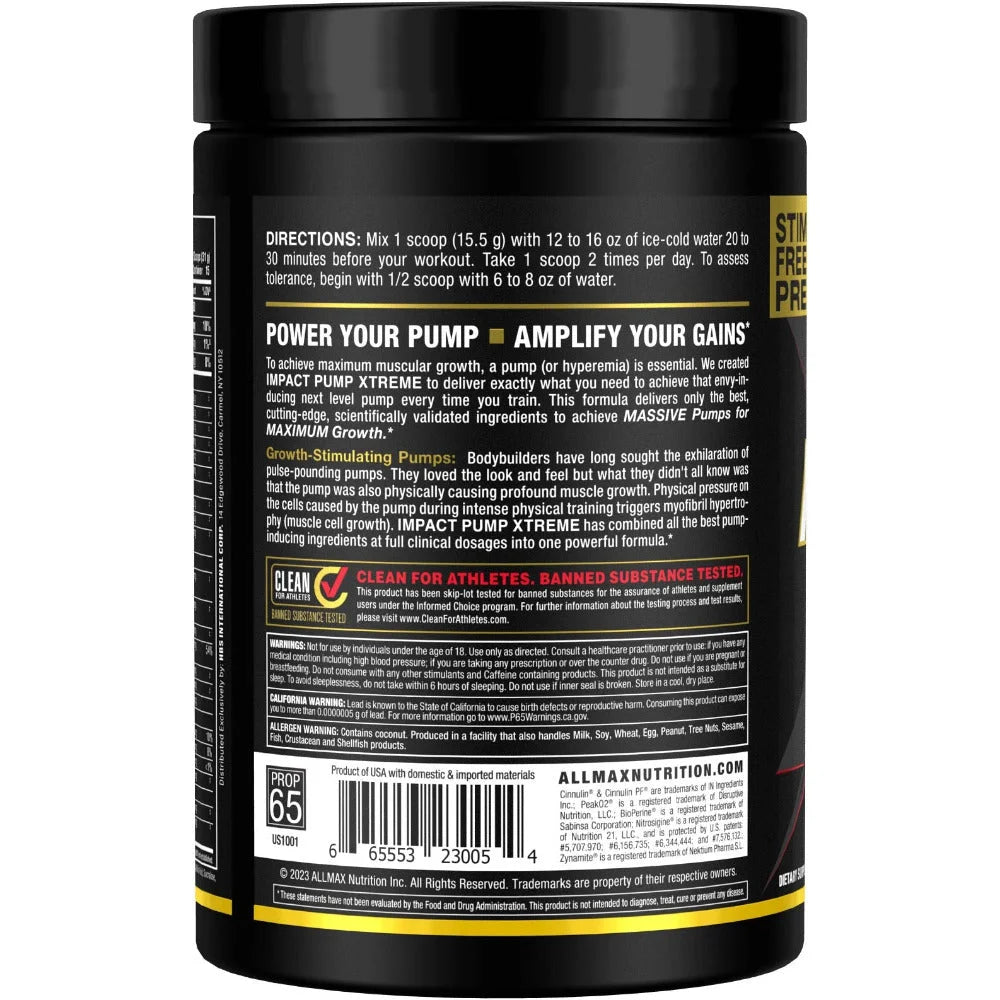 Impact Pump Xtreme Pineapple Mango left view stimulant-free pre-workout for maximum muscle growth and performance.