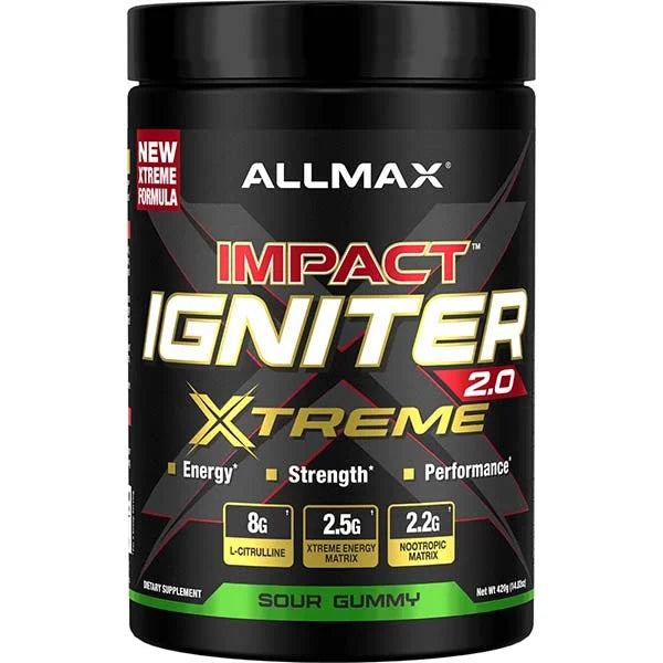 Allmax Impact Pump Xtreme stim-free pre-workout in Sour Gummy flavor for increased endurance.