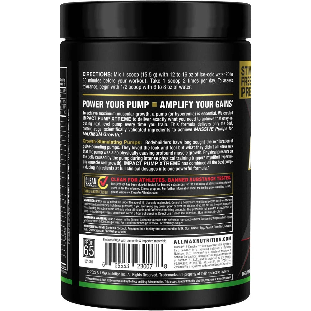 ALLMAX Impact Pump Xtreme left view displaying scoop directions and athlete-safe pump and strength-inducing certifications.