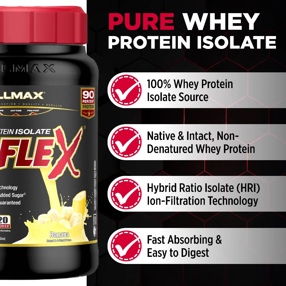 ALLMAX ISOFLEX protein supplement container with certification badges on a black background
