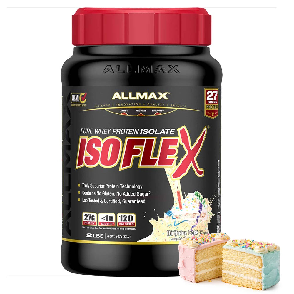 Allmax Isoflex protein supplement with birthday cake flavor on a white background