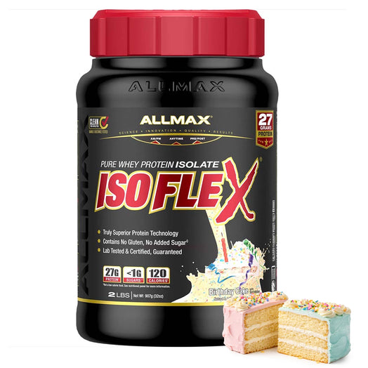 Allmax Isoflex protein supplement with birthday cake flavor on a white background