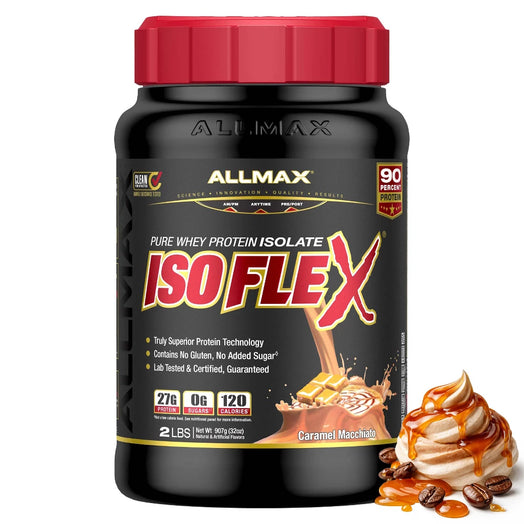 Allmax ISOFLEX protein supplement bottle with caramel macchiato flavor illustration on a white background
