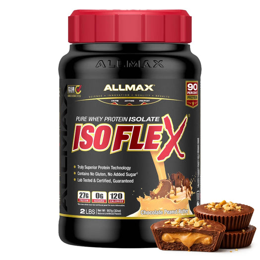 Allmax ISOFLEX protein supplement with chocolate peanut butter cups on a white background