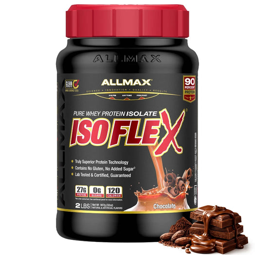 Allmax ISOFLEX protein supplement bottle with chocolate flavor indication on a white background