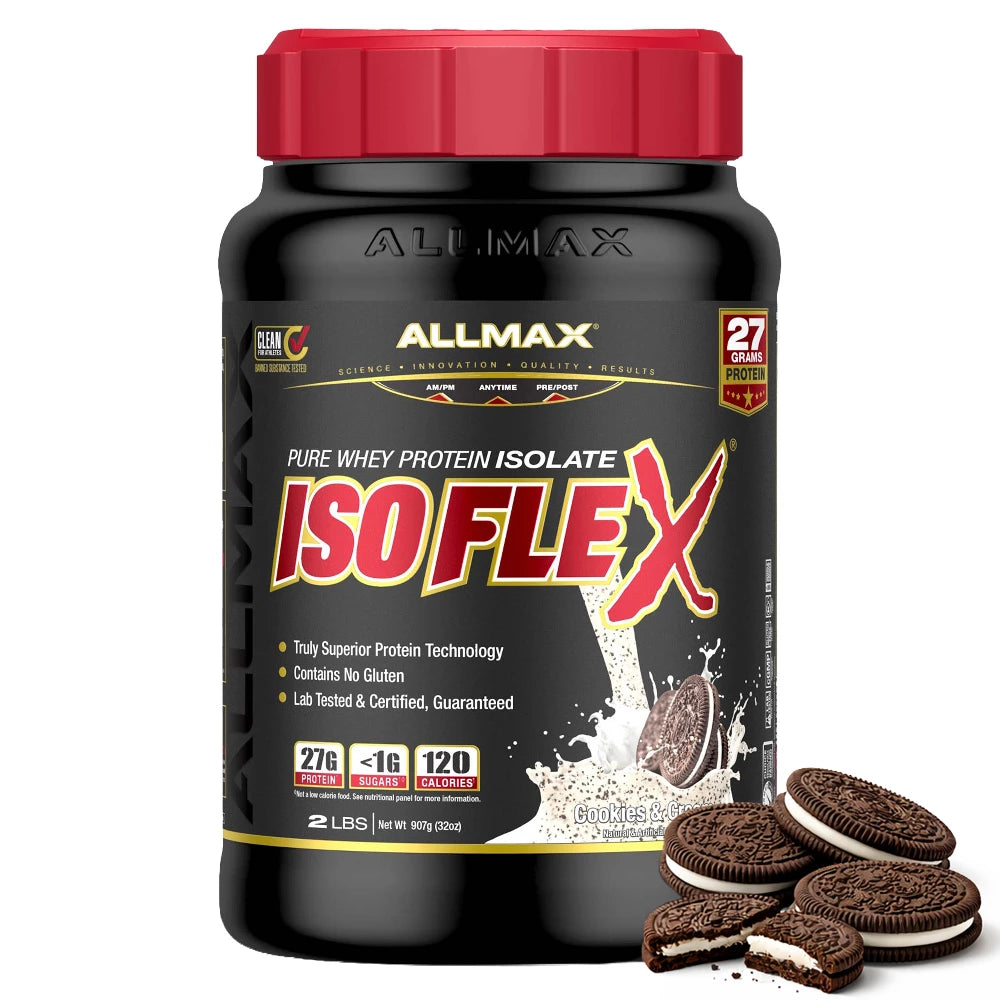 AllMax ISOFLEX protein supplement bottle with Oreo cookies on a white background