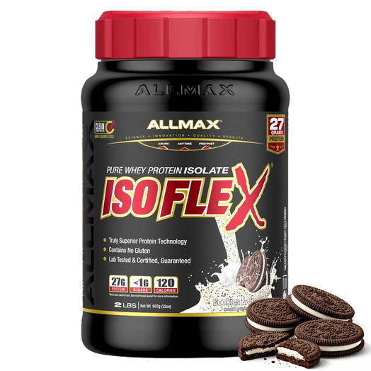 AllMax ISOFLEX protein supplement bottle with Oreo cookies on a white background