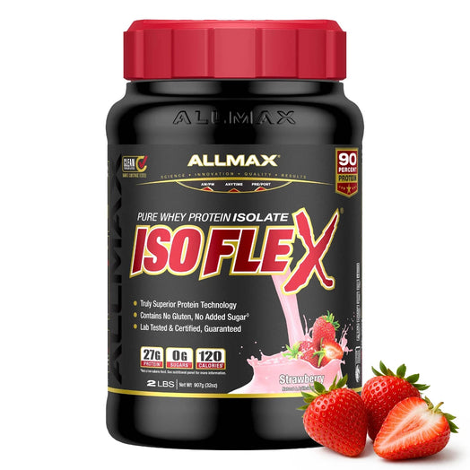AllMax ISOFLEX protein supplement jar with strawberries on a white background