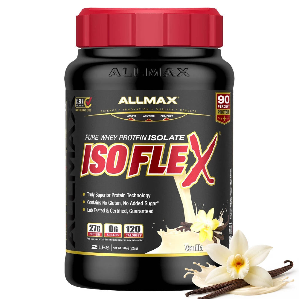 Allmax ISOFLEX protein supplement bottle with vanilla flavor indication
