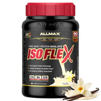 Allmax ISOFLEX protein supplement bottle with vanilla flavor indication