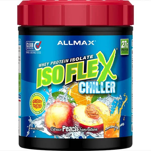 ALLMAX ISOFLEX Chiller Whey Protein Isolate in Citrus Peach Sensation flavour with 27g protein per serving.