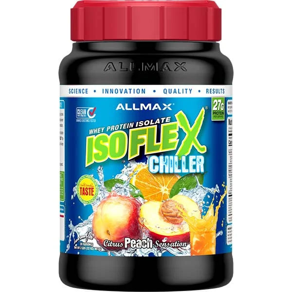 Allmax ISOFLEX CHILLER Whey Protein Isolate in Citrus Peach Sensation for high-protein recovery.
