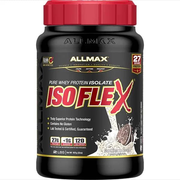 ALLMAX Isoflex Cookies & Cream Whey Protein Isolate 2lb tub providing 27g of protein for muscle recovery.