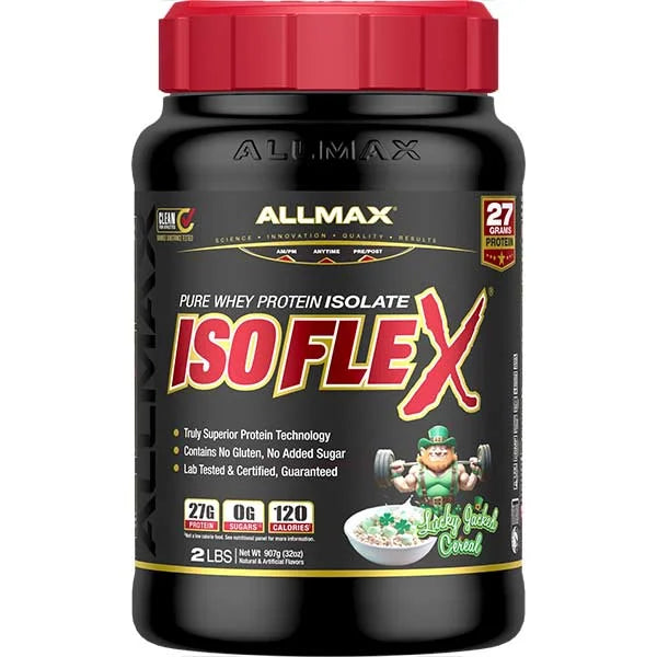 ISOFLEX Pure Whey Protein Isolate in Lucky Jacks Cereal flavour provides 27g of protein for muscle recovery.