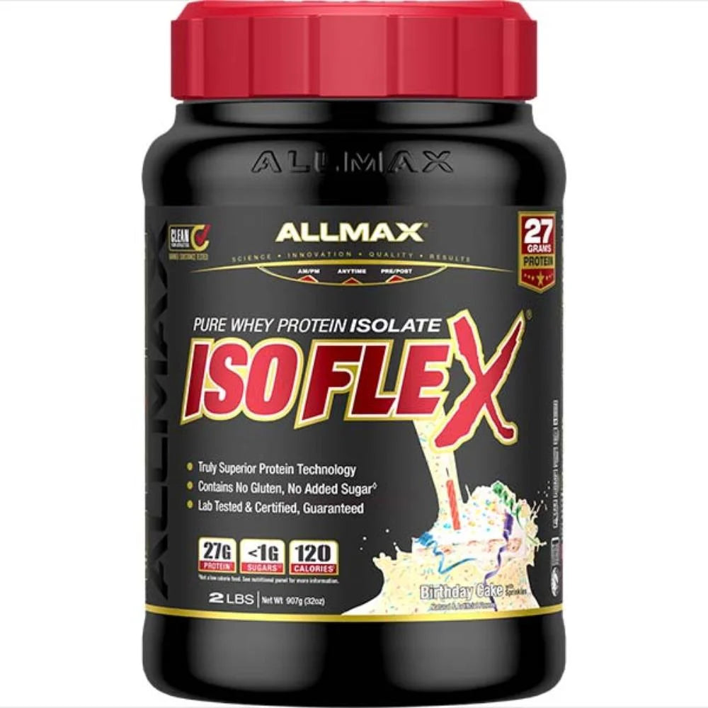 ALLMAX ISOFLEX Birthday Cake whey protein isolate with 27g of protein for muscle recovery.