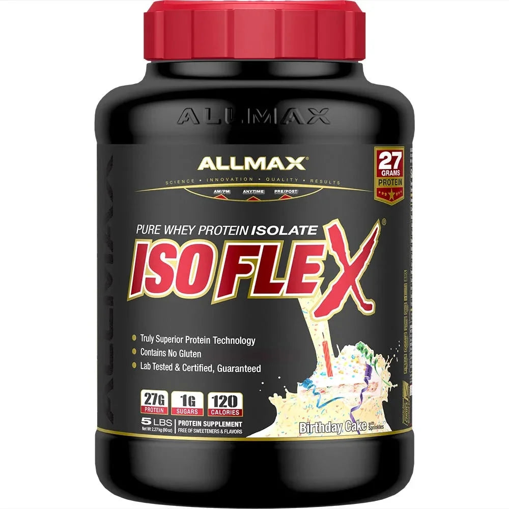 Allmax Isoflex Birthday Cake whey protein isolate tub providing 27g of high-quality protein per serving.