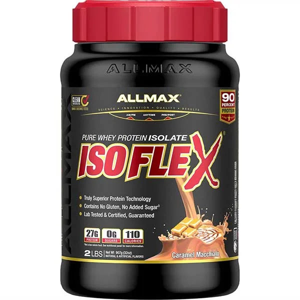 Allmax Isoflex Caramel Macchiato whey protein isolate provides 27g of high-quality protein for muscle recovery.