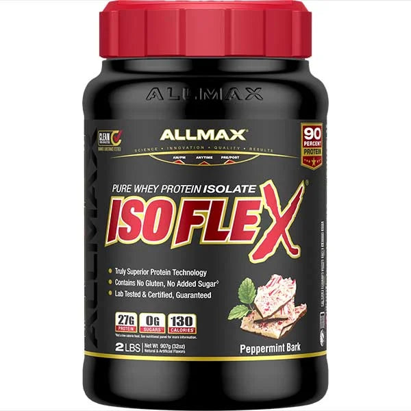 ALLMAX Isoflex Peppermint Bark whey protein isolate provides 27g of protein for high-quality muscle recovery.