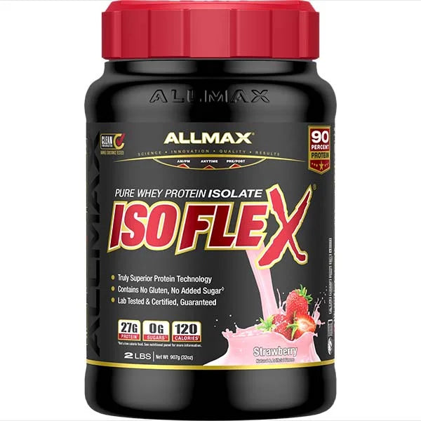 Allmax Isoflex Strawberry Whey Protein Isolate tub with 27g of protein and zero sugar for muscle recovery.
