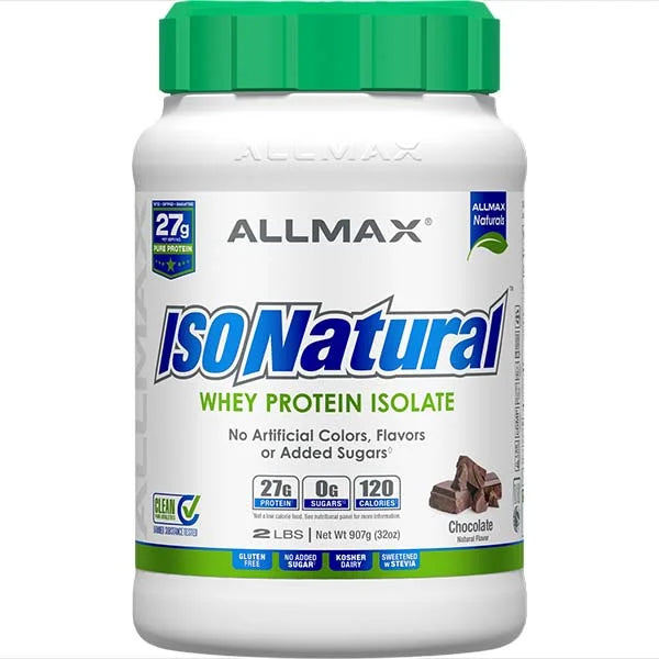 ALLMAX ISONatural Whey Protein Isolate in Chocolate flavor provides 27g of pure protein for clean muscle recovery.