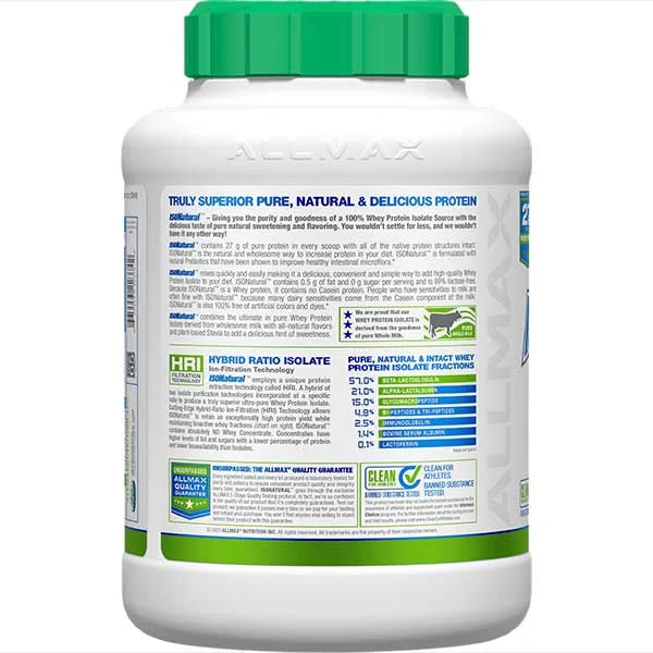 ISOnatural Protein Isolate chocolate 600g left side view showing 20g of high quality plant protein.