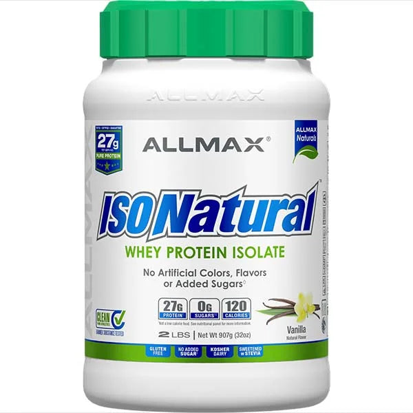 ALLMAX ISONatural Vanilla Whey Protein Isolate tub featuring 27g of pure protein and zero added sugar.