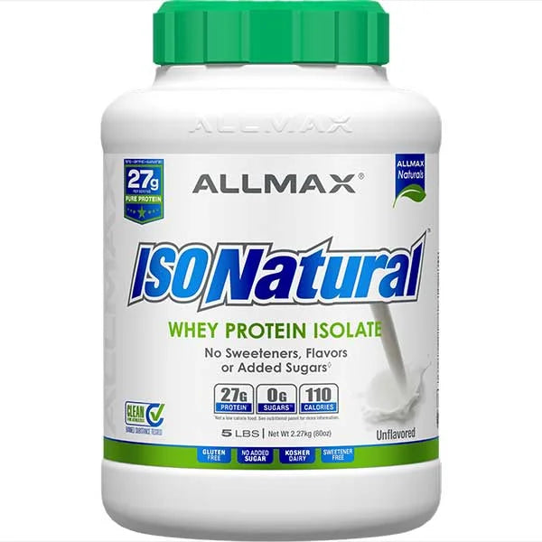 ALLMAX ISONatural Unflavored Whey Protein Isolate 5lb tub for pure muscle recovery.