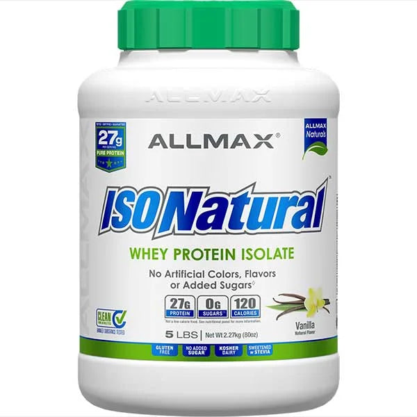 ALLMAX ISONatural Vanilla Whey Protein Isolate 5lb tub providing 27g of pure protein per serving.