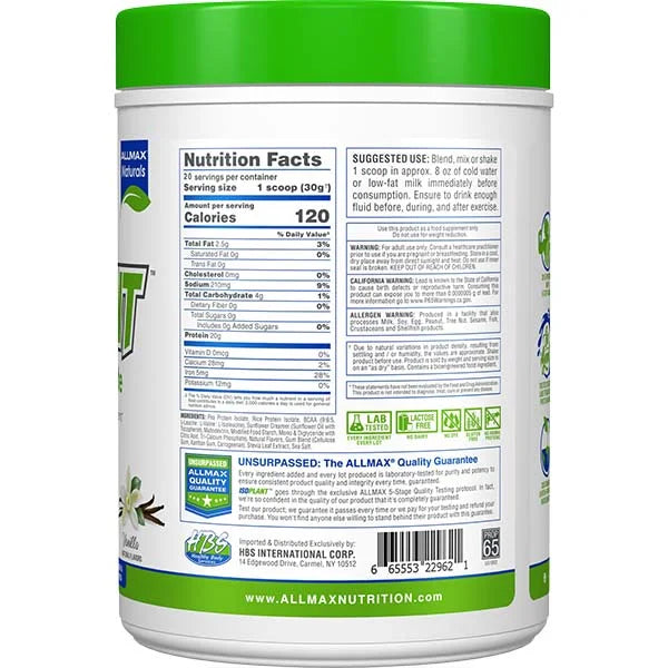 ISOPLANT plant-based protein vanilla 600g right view showing nutrition facts and vegan certifications for clean recovery.