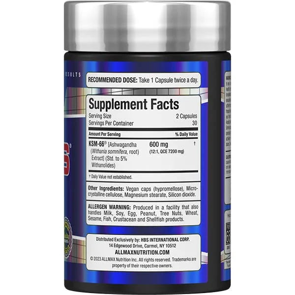 Allmax KSM-66 Ashwagandha right side view showing supplement facts for natural stress relief.