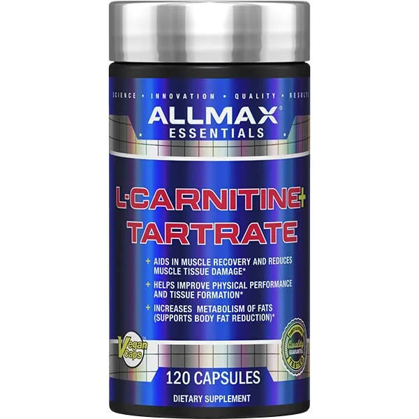 Allmax L-Carnitine Tartrate 120 vegan capsules for muscle recovery and metabolic fat metabolism support.