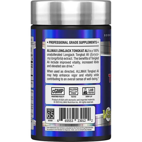 Allmax Longjack Tongkat Ali left side view featuring certified quality marks for improved vitality.