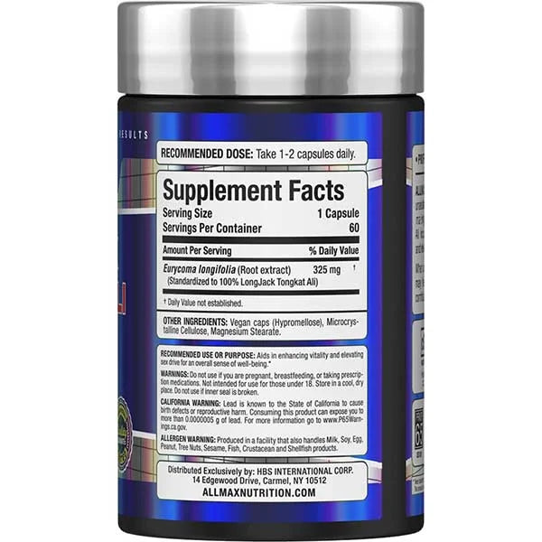 ALLMAX LongJack Tongkat Ali 60 capsules right side view showing supplement facts for vitality support.