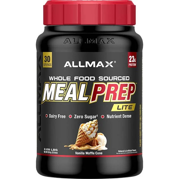 ALLMAX Meal Prep Lite Vanilla Waffle Cone offers 23g of protein in a dairy-free whole food supplement.