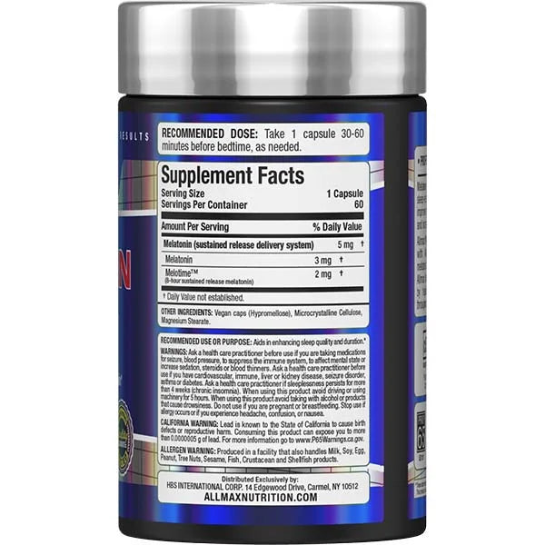 Allmax Melatonin 5mg 60 capsules right side view showing supplement facts for enhanced sleep quality.