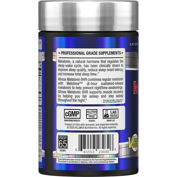 Allmax Melatonin 8HR left side view highlighting its 8-hour sustained-release formula for sleep quality.
