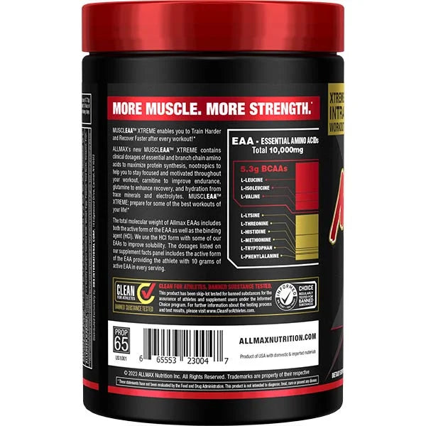 MusclEAA Xtreme Cherry Limeade left view highlighting its anabolic EAA profile for faster muscle recovery.