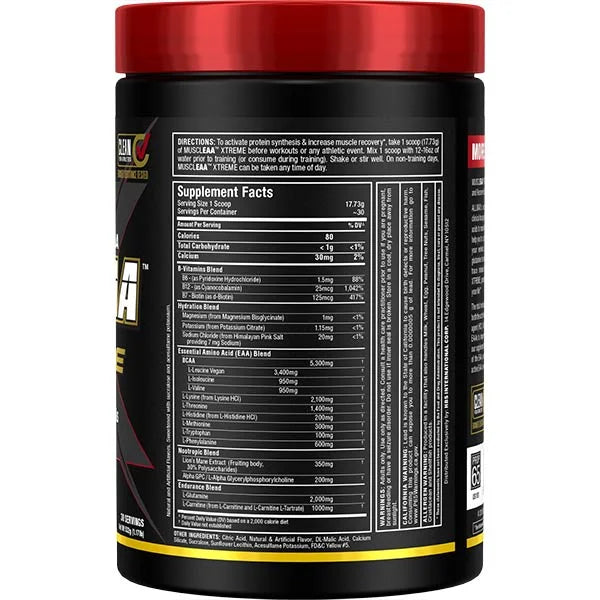 MuscleAA Xtreme Peach Candy supplement right view displaying full amino acid facts for muscle recovery.
