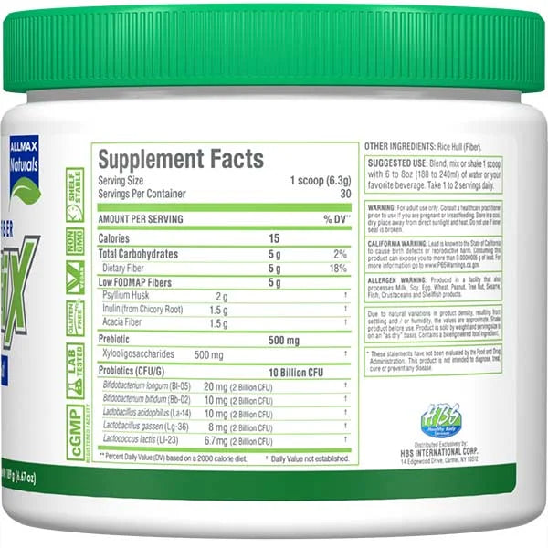Allmax FiberBiotiX left view highlighting probiotic and fiber benefits for digestive health.