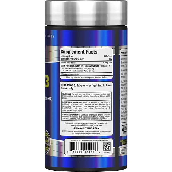 Allmax Nutrition Omega 3 right view displaying supplement facts for heart and joint health support.