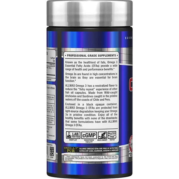 Allmax Nutrition Omega 3 left side view highlighting wild-caught purity and essential brain support.