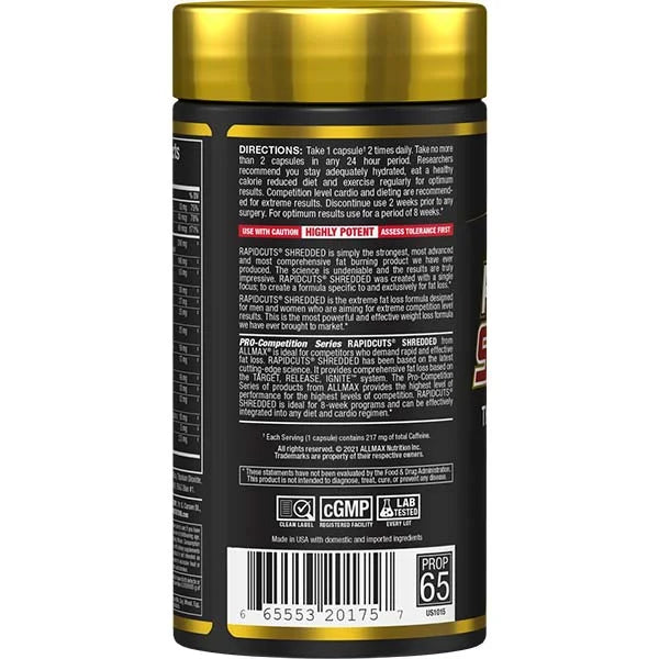 Allmax Rapidcuts Shredded 90 capsules left side view showing directions and fat burning benefits.