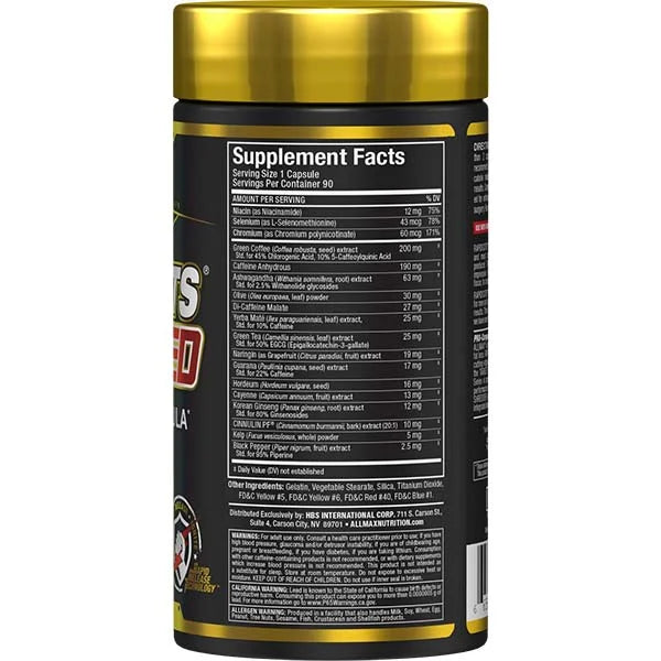 Allmax Rapidcuts Shredded 90 capsules right view showing supplement facts for metabolic support.